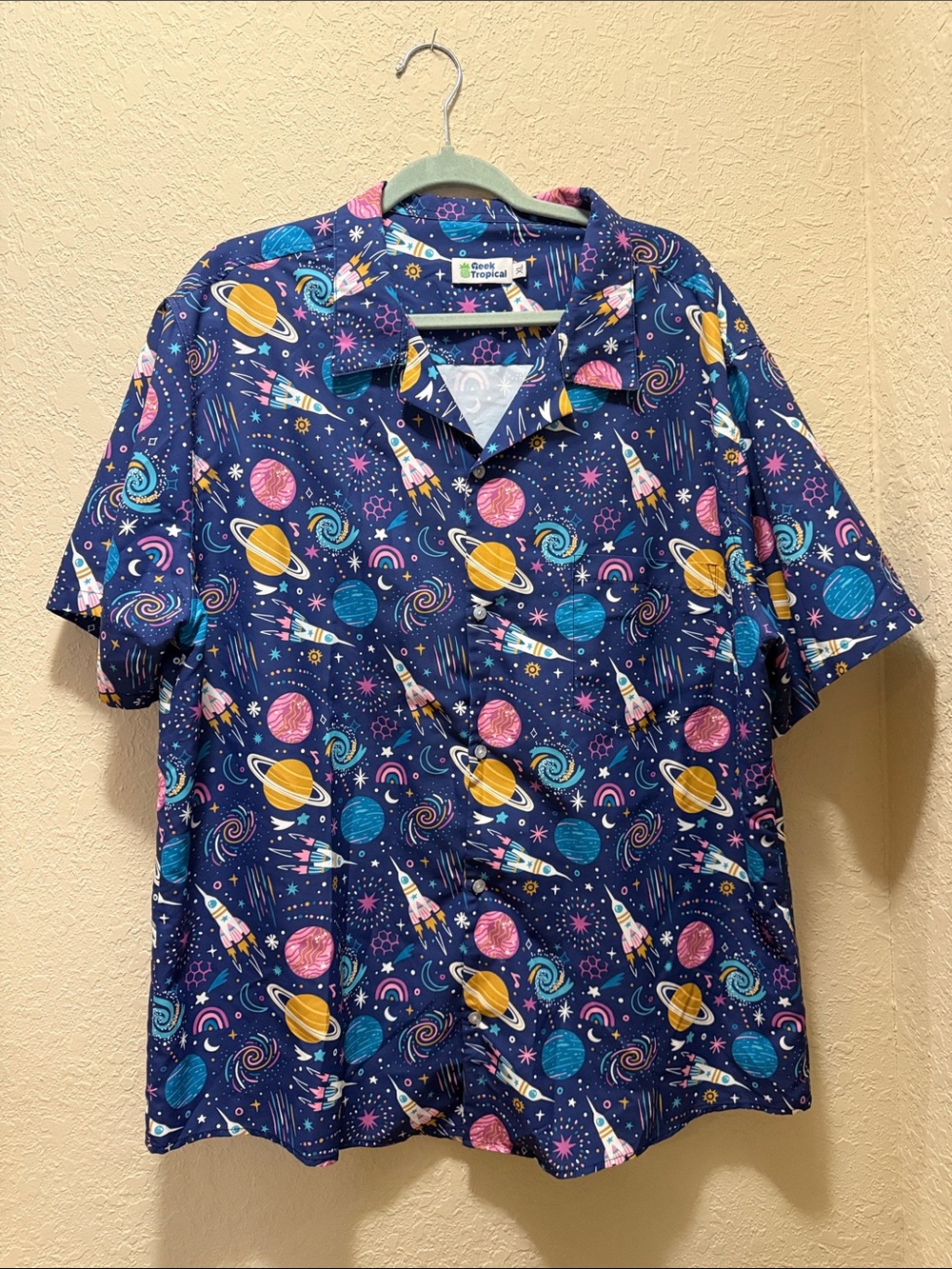 Space Print Short Sleeve Button-Down Shirt, Size XL
